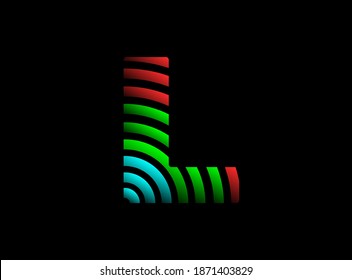 L letter vector desing, rgb color font logo. Dynamic split red, green, blue color on black background. For social media,design elements, creative poster, web template and more


