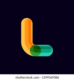 L letter vivid logo with overlapping lines on black background. Vector typeface for vibrant identity, nightlife, techno sphere.