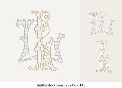 L letter wedding monogram creator kit. Elegant historical style alphabet for party invitations. This set includes Wide and Narrow capitals for your own emblem. Find full set in my profile.