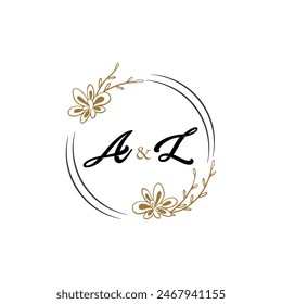 A y L círculo de monograma de letras con hojas, para la marca inicial, compañía, nombre de la boda inicial, etc. Archivo eps de Vector de color y tamaño editable