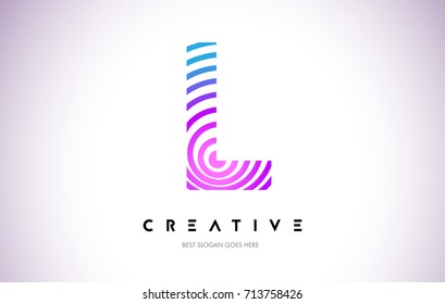 L Lines Warp Logo Design.Vector Letter Icon Made with Purple Circular Lines.