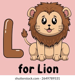 L for Lion: An adorable cartoon lion illustrates the letter 'L', offering a charming, educational image for children learning the alphabet. Capturing the simplicity of learning.