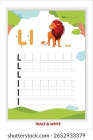 L para Lion Alphabet Tracing and Writing Practice for Kids Printable EPS Vetor File with Lion Themed Letter L Activities Planilhas de caligrafia pré-escolar e jardim de infância Fine Motor Skills Development