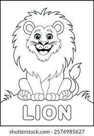 L is for lion. Coloring pages for kids, children's coloring books with cute lion cartoon characters, and fun and educational materials for kindergarten. Spelling activity sheet for early learners
