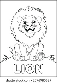 L is for lion. Coloring pages for kids, children's coloring books with cute lion cartoon characters, and fun and educational materials for kindergarten. Spelling activity sheet for early learners
