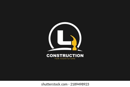L Logo Construction Vector For Woodworking Company. Initial Letter Hammer Template Vector Illustration For Your Brand.