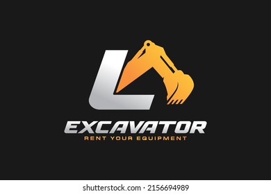 L logo excavator for construction company. Heavy equipment template vector illustration for your brand.