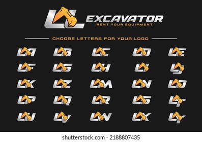 L logo excavator for construction company. Heavy equipment template vector illustration for your brand