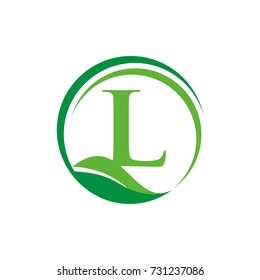 L logo initial letter design template vector inside semi circle shape with leaf accent.