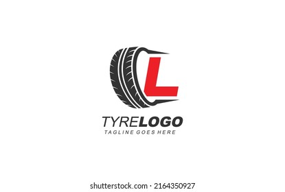 L logo tyre for branding company. wheel template vector illustration for your brand.