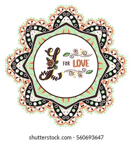 L for love. Hand drawn flourished capital letter L and decoration elements. Vector art. Great choice for Valentine's Day romantic greeting card or wedding design collection