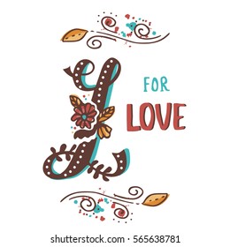 L for love. Hand drawn flourished capital letter L and decoration elements. Vector art. Great choice for Valentine's Day romantic greeting card or wedding design collection