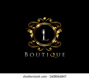 L Luxury Boutique Logo Icon,  L Letter   With Golden Shine On Classy Badge Design.  