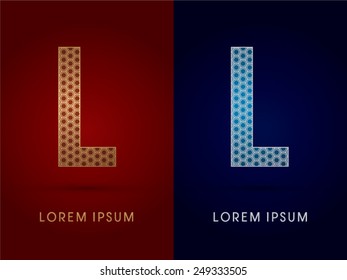 L ,Luxury font ,designed using gold and silver geometric on dark red and dark blue background, concept shape from screws, hexagon, honeycomb, jewelry,gems ,logo, symbol, icon, graphic, vector.