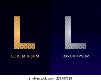 L Luxury font, designed using gold and silver line geometric shape on dark background, idea from wicker,basket ,woven, ribbons, jewelry, diamond ,rope, logo, symbol, icon, graphic, vector.