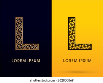 L ,Luxury font, designed using gold and black triangle geometric shape. on dark and yellow  background, sign ,logo, symbol, icon, graphic, vector.