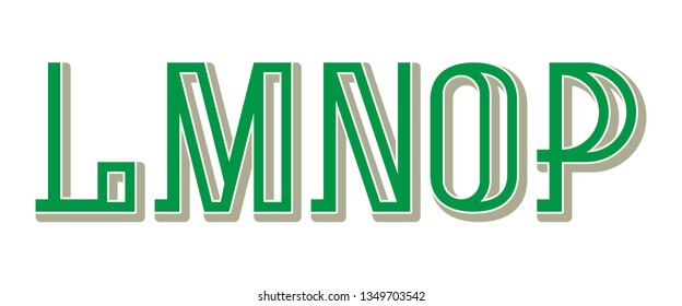L, M, N, O, P green gray letters. Urban artistic font.
