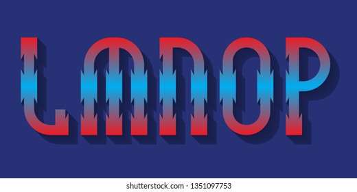 L, M, N, O, P red blue gradient letters with shadow. Urban 3d font.