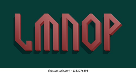 L, M, N, O, P red volumetric letters. Urban 3d retro font.