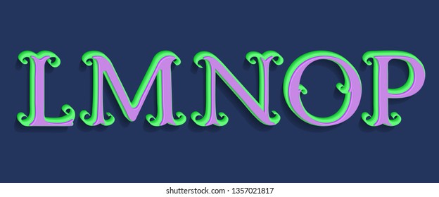L, M, N, O, P green purple volumetric letters. Vintage 3d font.
