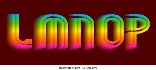 L, M, N, O, P iridescent letters. Thrilling vibrant font.