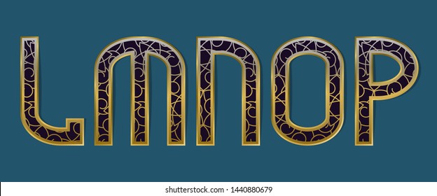 L, M, N, O, P luxurious patterned letters. Golden vintage ornament font.