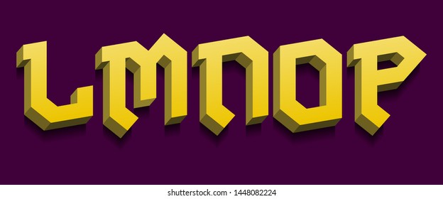 L, M, N, O, P yellow 3d letters. Bold volumetric font.
