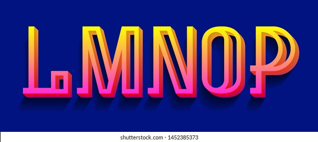 L, M, N, O, P yellow pink 3d letters. Volumetric gradient font.