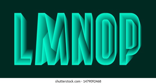 L, M, N, O, P green ethereal letters. Urban translucent 3d font.