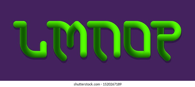 L, M, N, O, P green gradient 3d letters. Luminous flexible font.