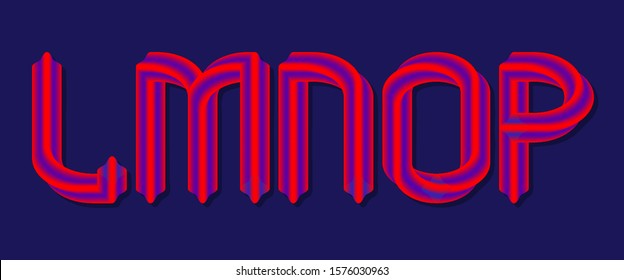 L, M, N, O, P blue red striped letters. Glowing 3d font.