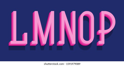 L, M, N, O, P pink 3d letters. Urban volumetric retro font.