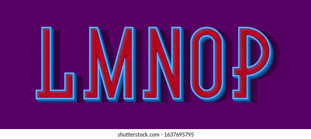 L, M, N, O, P blue 3d letters with red diagonal hatching inside. Urban volumetric font.
