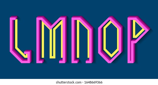 L, M, N, O, P pink yellow letters of flat and volumetric parts. Hipster 3d font.