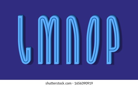 L, M, N, O, P blue high volumetric letters with middle groove. Stylish 3d font.