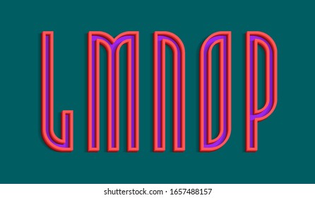 L, M, N, O, P purple letters with red volumetric borders. Vibrant color 3d font.