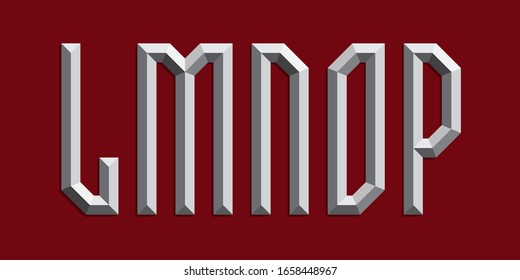 Letras prismáticas metálicas L, M, N, O, P. Fuente 3d monocroma.