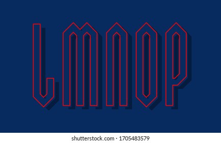 L, M, N, O, P red blue high angular letters with shifted stroke and shadow. Urban graphic font.