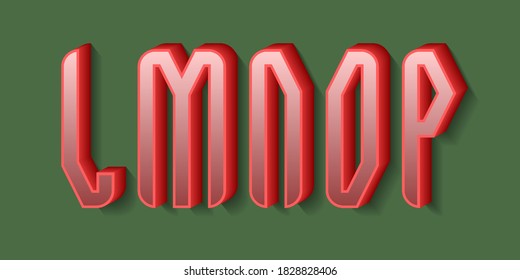 L, M, N, O, P stylish red 3d letters with shadow. Volumetric display font.