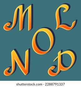 L, M, N, O, P calligraphic yellow orange letters. Cartoon artistic font.