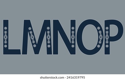 L, M, N, O, P capital letters witn vintage decor. Decorative font in winter cool style.