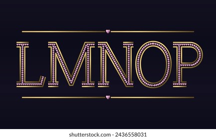 L, M, N, O, P golden capital letters with rose gold hearts inside. Decorative font in romantic style.