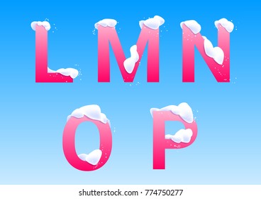 L, M, N, O, P winter letters with snow caps on blue background