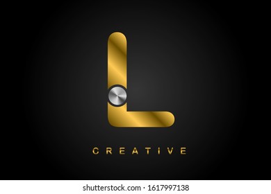 L metallic golden letter with silver screw vector illustration. Creative letter design for icon, logo, label, cover, print, emblem, company name, jewelry or web page. 