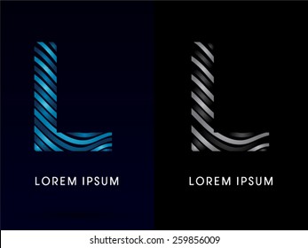 L ,modern wave  font ,designed using blue and black line on dark background, concept move, wave, water, freestyle, zebra line, fantasy ,logo, symbol, icon, graphic, vector.