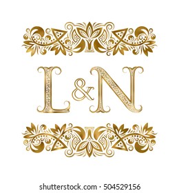 L and N vintage initials logo symbol. The letters are surrounded by ornamental elements. Wedding or business partners monogram in royal style.