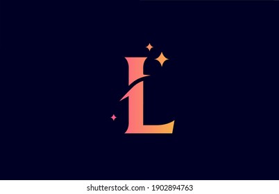 L pink yellow gradient alphabet letter logo for company with stars. Branding for lettering and identity. Creative template design for business icon