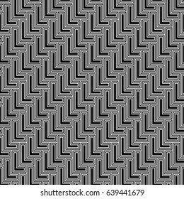 L shape blocks wallpaper. Repeated black mosaic figures on white background. Seamless surface pattern design with polygons. Pavement motif. Digital paper with pavers for page fills, web designing.