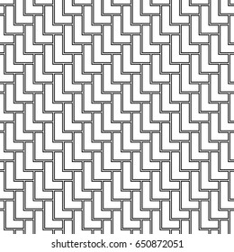 L shape blocks wallpaper. Repeated white mosaic figures on black background. Seamless surface pattern design with polygons. Pavement motif. Digital paper with pavers for page fills, web designing.