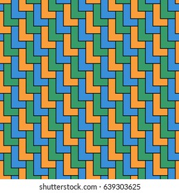 L shape color blocks wallpaper. Repeated mosaic figures on black background. Seamless surface pattern design with polygons. Pavement motif. Digital paper with pavers for page fills, web designing.